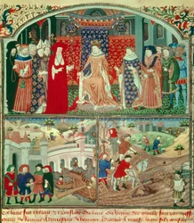 Philippe de Schone (1268-1314) met ploegscène en koopmansscène. Miniatuur in 