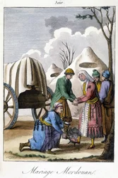 Plaat uit 1811 die een huwelijk in Mordovië illustreert