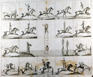 Plaque van 19 prenten die de dapperheid van de Engelse voltiger Mr Price uitbeelden. Circa 1790