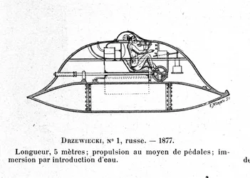 Afbeelding van de onderzeeër Drzewiecki 1, een pedaalonderzeeër ontworpen door uitvinder en ingenieur Stefan K. Drzewiecki (ca. 1877)