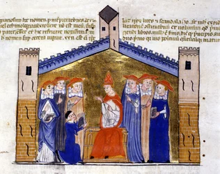 Paus Johannes XXII van Avignon ontvangt van de auteur het apparaat van Clemens V (Schisma). 15e-eeuws manuscript. Biblioteca Nazionale Braidense, Milaan.