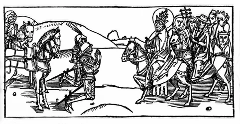 Paus Leo I ontmoet Attila en stopt hem - Gravure uit 