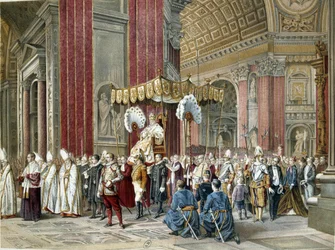 Paus Pius IX (1792-1846) ging naar de openingsceremonie op 08/12/1869 van het Eerste Vaticaans Concilie in de Sint-Pietersbasiliek. Het is op de Sedia Gestatoria. Illustratie van de periode.