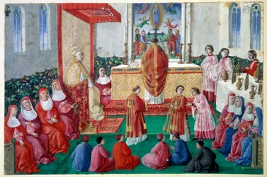 Paus Sixtus IV woont de Mis bij in de Sixtijnse Kapel in het Vaticaan
