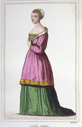 Portret van Agnes Sorel (1422-1450) (Dame van Beaute sur Marne) (Beaute-sur-Marne). Favoriet van koning Karel VII. Gravure uit 1830