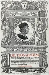 Portret van Antonio Martínez de Cala, genoemd Antonio de Nebrija (1441-1522), Spaans humanist en grammaticus. Schutblad van zijn woordenboek, gepubliceerd in 1536. Nationale Bibliotheek van Madrid.