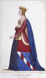 Portret van Blanca van Navarra, koningin van Frankrijk, bruid van Jan I de Rood in 1236. Gravure uit 1830