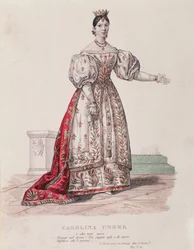 Portret van Caroline Ungher (Unger) die optreedt in I Normanni a Parigi (gravure)