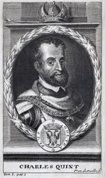 Portret van Karel V (1500-1558), koning van Spanje en Spaans-Amerika, koning van Sicilië en keizer van het Heilige Roomse Rijk (1519-1556). Gravure ter illustratie van 