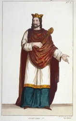 Portret van Clotaire (Clothaire) I (497 - 561), koning van Neustrië en koning van de Franken. Gravure uit 1830