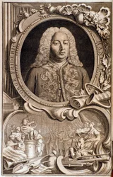 Portret van Georg Friedrich Handel (of Handel) (1685-1759). Frontispice van 