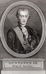 Portret van Gustaaf III (1746-1792), koning van Zweden van 1771 tot 1792 gravure uit 1787 