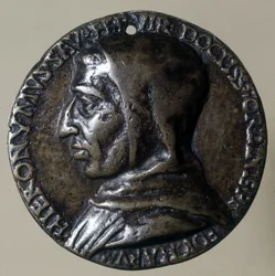 Portret van Jerome Savonarola of Girolamo Savonarola (1452 - 1498), Italiaanse prediker. Hij vestigde een theocratisch regime in Florence. Medaillon uit de tijd.
