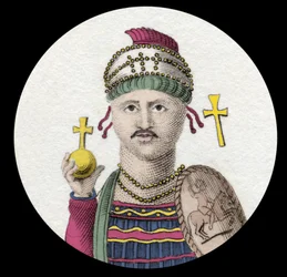 Portret van Justinianus I (De Grote) (Flavius Petrus Sabbatius Justinianus) (482-565). Romeinse keizer van het Oosten. Gravure uit de 19e eeuw.