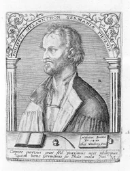 Portret van Philipp Melanchton (Melanchthon) (1497 - 1560), Duitse religieuze hervormer. Gravure.
