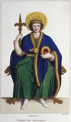 Portret van Pepijn de Korte (circa 714 - 768), koning der Franken, eerste Karolinger. Gravure uit 1830