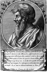 Portret van Pythagoras (ca. 570 - ca. 480 v.Chr.), Griekse wiskundige en filosoof. Gravure uit de 18e eeuw.