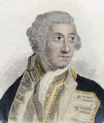 Portret van Sir Charles Saunders (ca. 1715-1775), Engelse admiraal in de Britse Koninklijke Marine en Eerste Lord van de Admiraliteit. Gravure uit de 19e eeuw