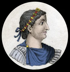 Portret van Theodosius I (Flavius Theodosius) (347-395), Romeinse keizer, Gravure uit de 19e eeuw.