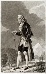 Portret van Voltaire (1694 - 1778), Franse schrijver en filosoof, op leeftijd.