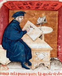 Portret van de Italiaanse dichter Dante Alighieri die zijn Divina commedia schrijft - Miniatuur