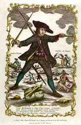 Portret van de Franse bandiet Louis Mandrin (ca. 1725-1755). Achter hem, de actie van Autun en het gevecht van Baune. Gravure uit de 18e eeuw. Privécollectie