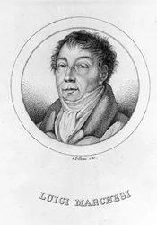 Portret van de Italiaanse castraat Luigi Marchesi (1754 - 1829) ook bekend als Marchesini. Gravure uit de 19e eeuw.