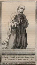 Portret van de Franse alchemist Nicolas Flamel (1330-1418) - Gravure - Portret van de Engelse alchemist Nicolas Flamel - Gravure Privécollectie