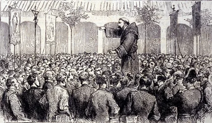 Prediking van een kapucijner monnik aan de pelgrims die naar Lourdes kwamen in de Hoge Pyreneeën waar de Maagd verscheen aan Bernadette Soubirous in 1858, huidige bedevaartplaats. Gravure uit 1877