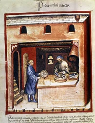 Bereiding van zeevis in azijn. Illustratie uit de melk van geneeskunde en diëtetiek "Tacuinum sanitatis"