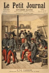 Voorbereiding op manoeuvres in de sneeuw: in plaats van een bril met gerookte glazen te dragen, zijn de soldaten bedekt met zwart roet. Gravure in “Le Petit Journal”, 17/03/1895. Collectie Selva.