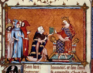 Presentatie van het boek: Jean de Joinville (1224-1317) biedt zijn boek aan Lodewijk, koning van Navarra, de toekomstige Lodewijk X de Hutin