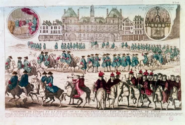 Processie ter gelegenheid van de Vredespublicatieceremonie voor het Stadhuis (Place de Greve). Gravure uit de 18e eeuw B.N. Parijs