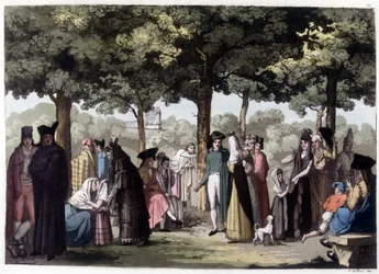 Promenade van de esplanade in Barcelona. Lithografie uit de 19e eeuw.