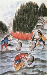 Konijnenjacht, uit het boek "Trujillo del Peru" of "Códice Martínez Compañón", door Baltazar Martinez Compañón y Bujanda, bisschop van Trujillo (1782-1785)