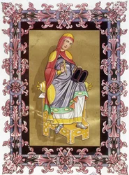 Radegonde (ca. 520 - 587), koningin van Frankrijk, echtgenote van Chlotarius I. Chromolithografie uit de 19e eeuw naar een boekverluchting.