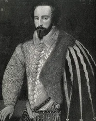Sir Walter Raleigh (1554-1618). Engelse zeeman, ontdekkingsreiziger en makelaar. Portret van Sir Walter Raleigh. Gegraveerd in 1891, uitgevoerd naar een anoniem origineel dat bewaard wordt in de National Portrait Gallery van Londen. Gravure.
