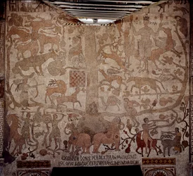 Voorstelling van Alexander de Grote (356-323 v.Chr.), koning van Macedonië en veroveraar van Perzië, omringd door Indiase fauna tijdens de verovering van India