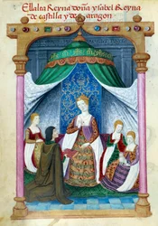 Voorstelling van koningin Isabella van Portugal omringd door haar metgezellen
