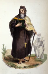 Afbeelding van Sint Antonius de Grote, Egyptische kluizenaar (251-356), stichter van het christelijke kluizenaarsleven en Sint Paulus van Thebe. Gravure uit de 19e eeuw