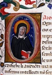 Afbeelding van Sint Clara van Assisi, stichter van de religieuze orde van de Clarissen. Miniatuur uit een 15e-eeuws manuscript.