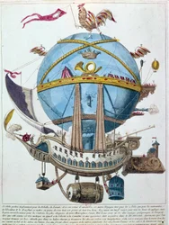 Voorstelling van een reis in een ballon, satirische gravure uit de 18e eeuw