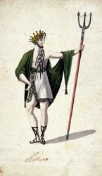 Voorstelling van de Romeinse god Neptunus met een drietand (identificeert de Griekse Poseidon). Aquarel van de 18e eeuw.