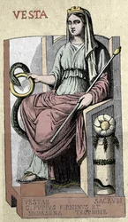 Voorstelling van de Romeinse godin Vesta, godheid van de Penaten, gelijkgesteld aan Hestia, godin van de haard, het platteland en het brood.