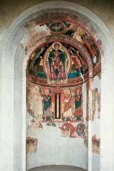 Voorstelling van de Maagd en het Kind omringd door de Wijzen. Fresco uit de centrale apsis van de kerk van Santa Maria in Taull. Rond 1123. Barcelona. Nationaal Museum voor Kunst van Catalonië