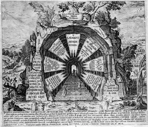 Voorstelling van de ingang van het Huis der Mysteriën, symbolisch voor het eeuwige leven. Gravure van het 