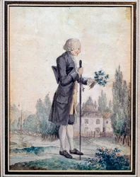 Voorstelling van de filosoof Jean Jacques Rousseau (1712-1778) bloemen plukkend in Ermenonville. Aquarel uit de 18e eeuw. Parijs, Musee Carnavalet