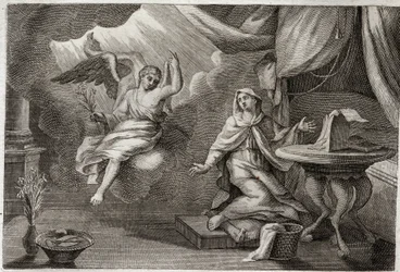 Royaumont Bijbel, Nieuwe Testament: Aankondiging aan de Maagd. Aartsengel Gabriël is gekomen om een boodschap aan Maria over te brengen. Illustratie uit 1811.