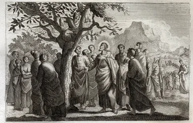 Royaumont Bijbel, Nieuwe Testament: Bekering van Zacheüs. Jezus Christus spreekt met Zacheüs die in de vijgenboom zit. Illustratie uit 1811.