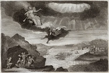 Royaumont Bijbel, Nieuwe Testament: De vijfde en zesde bazuin van de Openbaring. De sprinkhanen en de vier engelen. Illustratie uit 1811.